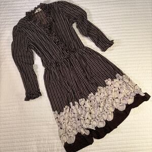 Sears Vintage Semi Sheer Ruffle Pinstripe Floral Long Sleeve Dress